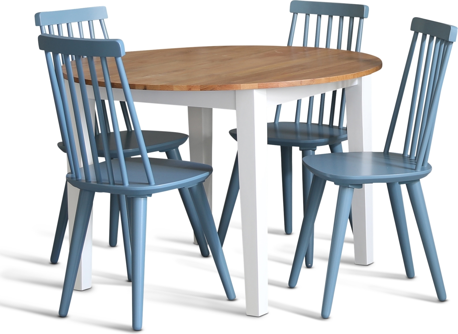 Spisegruppe: Rundt bord i eik / hvit med 4 duebl� kurvstoler + 4.00 x Stolpute