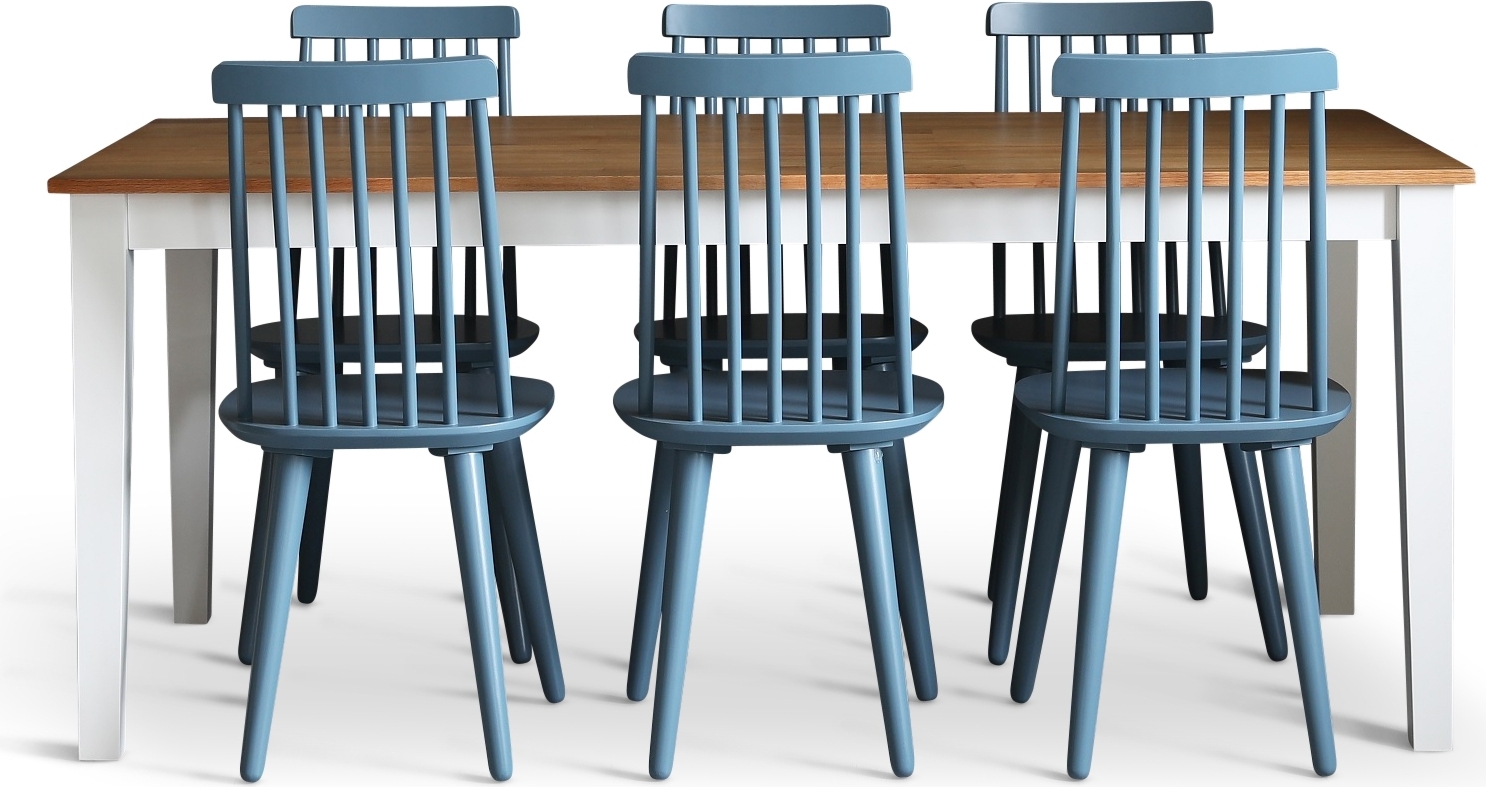 Dalsland spisegruppe: Spisebord i Eik/hvit med 6 duer bl� Pinnstolar + 4.00 x M�belf�tter
