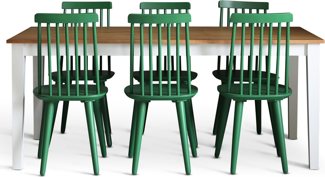 Dalsland spisegruppe: Spisebord i Eik/hvit med 6 gr�nne Pinnstola