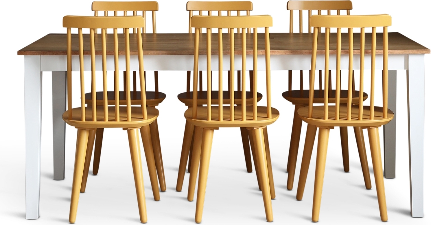 Dalsland spisegruppe: Spisebord i Eik/Hvit med 6 gule stokkstoler + 4.00 x M�belf�tter