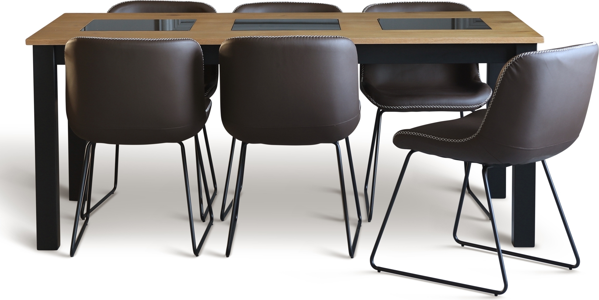 Granitt spisegruppe; Bord 180x90 cm Eik/Sort med 6 Texas spisestoler brun PU