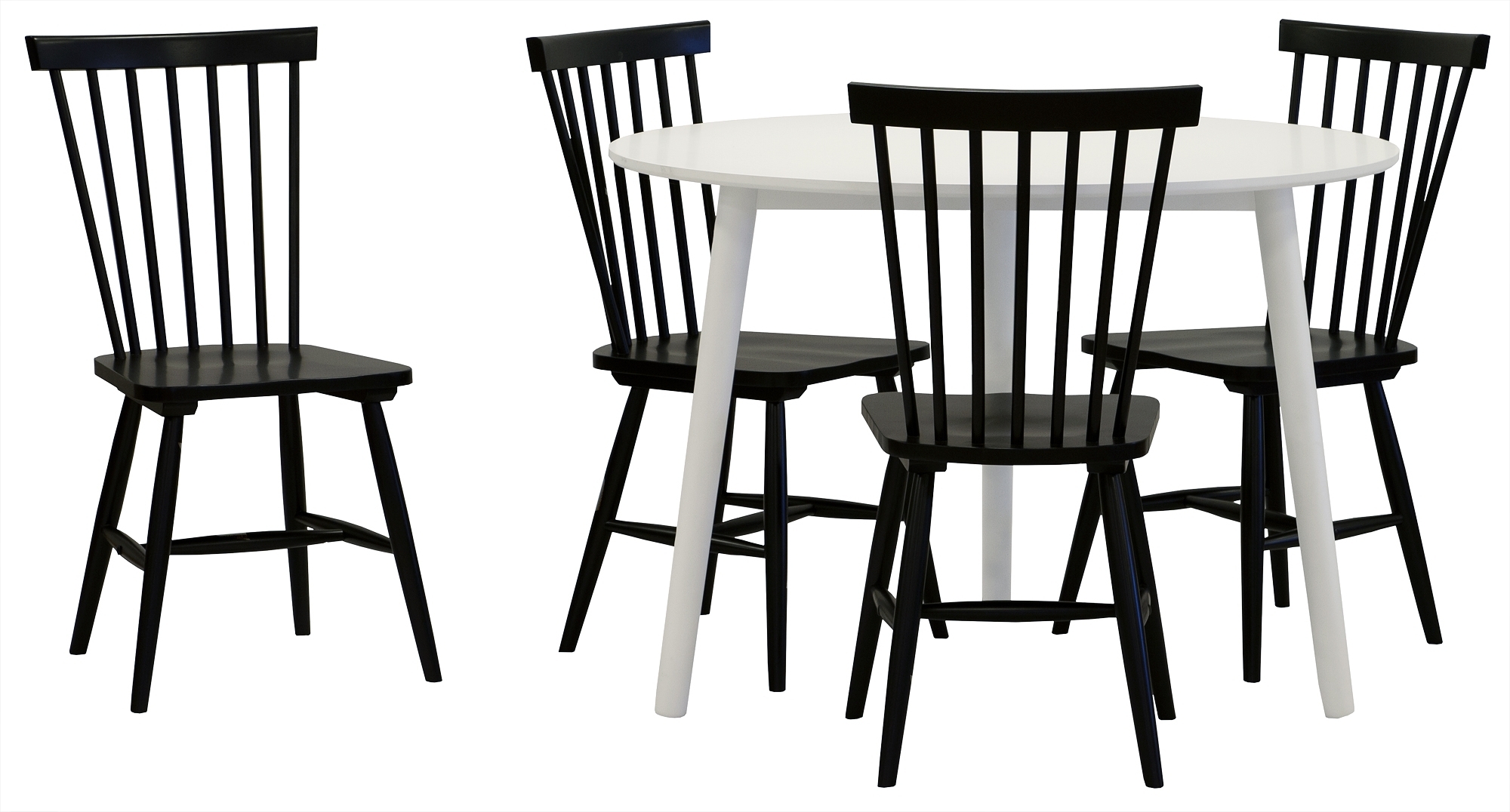 Spisegruppe: Dagsbord - hvit + 4 Karl utkragende stoler - sort