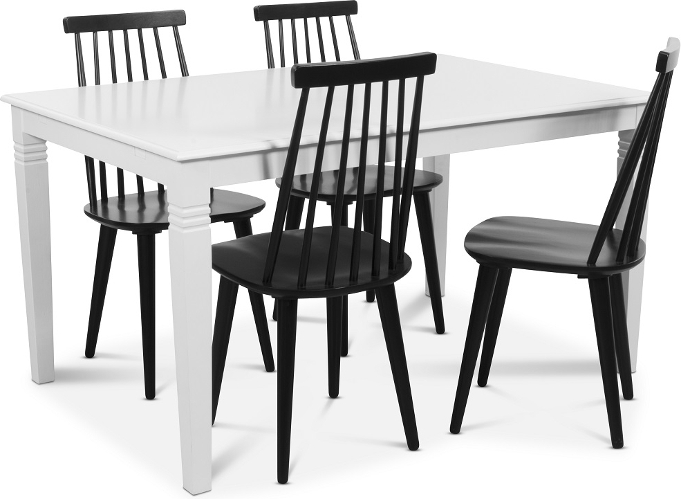 Mellby spisegruppe 140 cm bord med 4 sorte Dalsland knaggstoler - Hvit / Sort