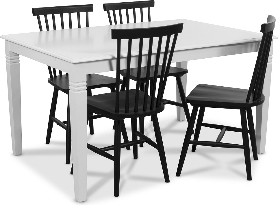 Mellby spisegruppe 140 cm bord med 4 sorte Karl stokkstoler - Hvit / Sort