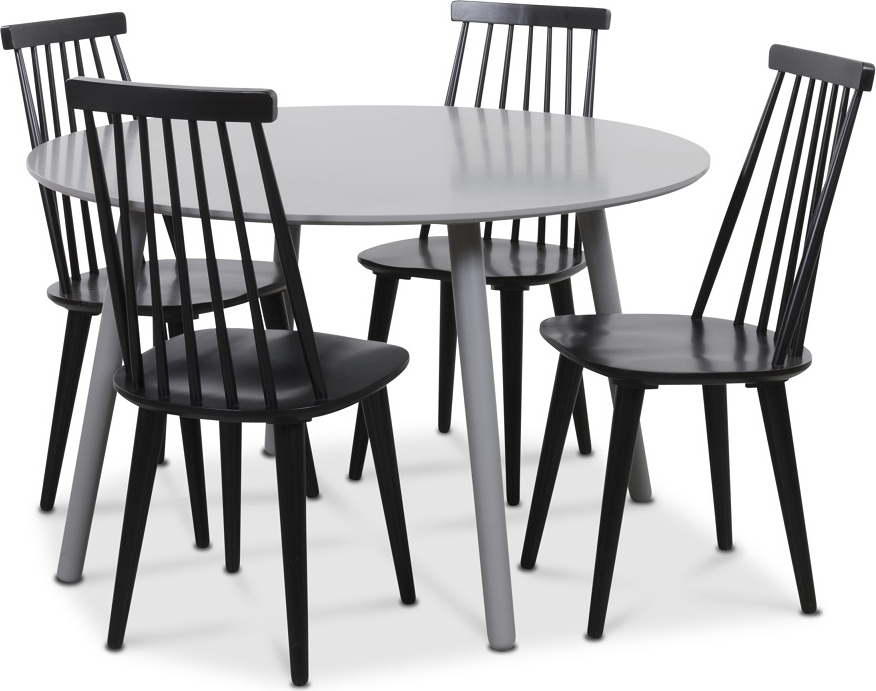 Rosvik spisegruppe gr?tt rundt bord med 4 svarte Dalsland kurvstoler - Gr? / Svart