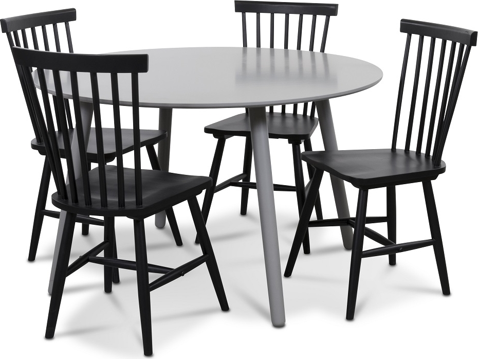 Rosvik spisegruppe gr�tt rundt bord med 4 sorte Karl Pinnstolar - Gr� / Sort