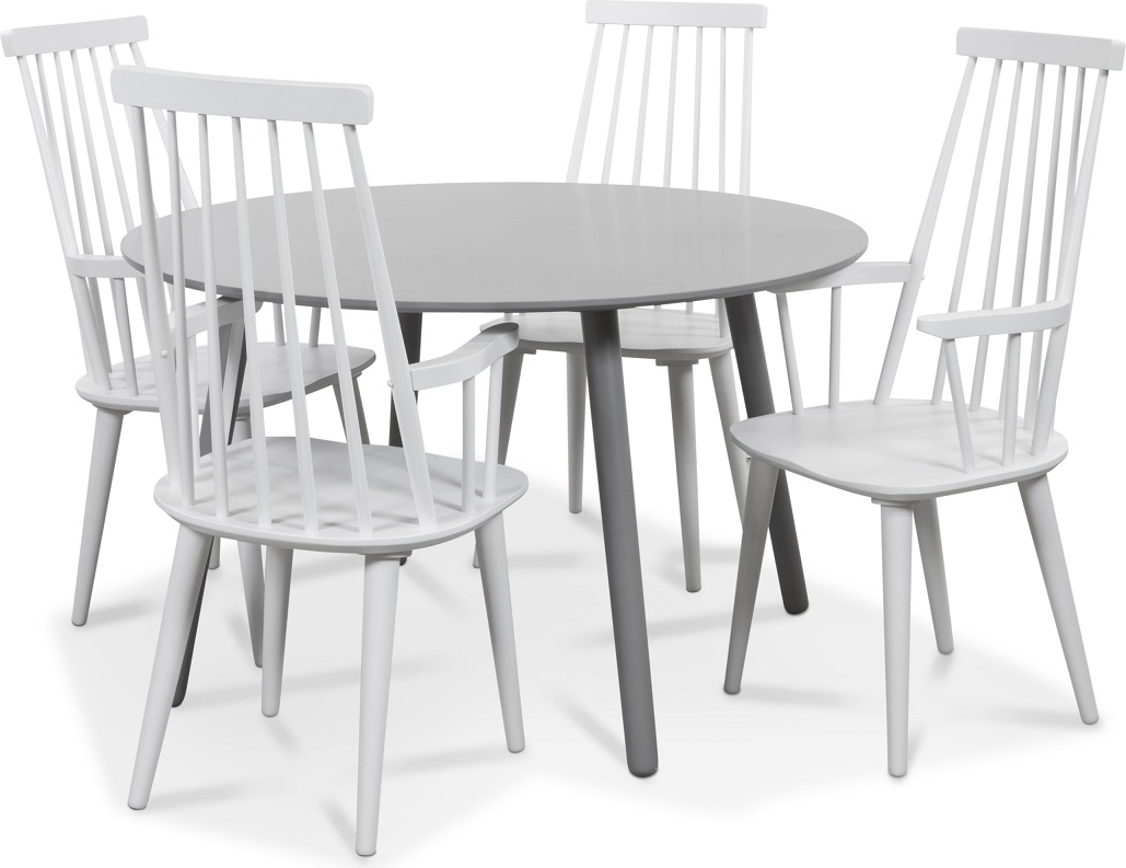 Rosvik spisegruppe gr?tt rundt bord med 4 hvite Dalsland kurvstoler