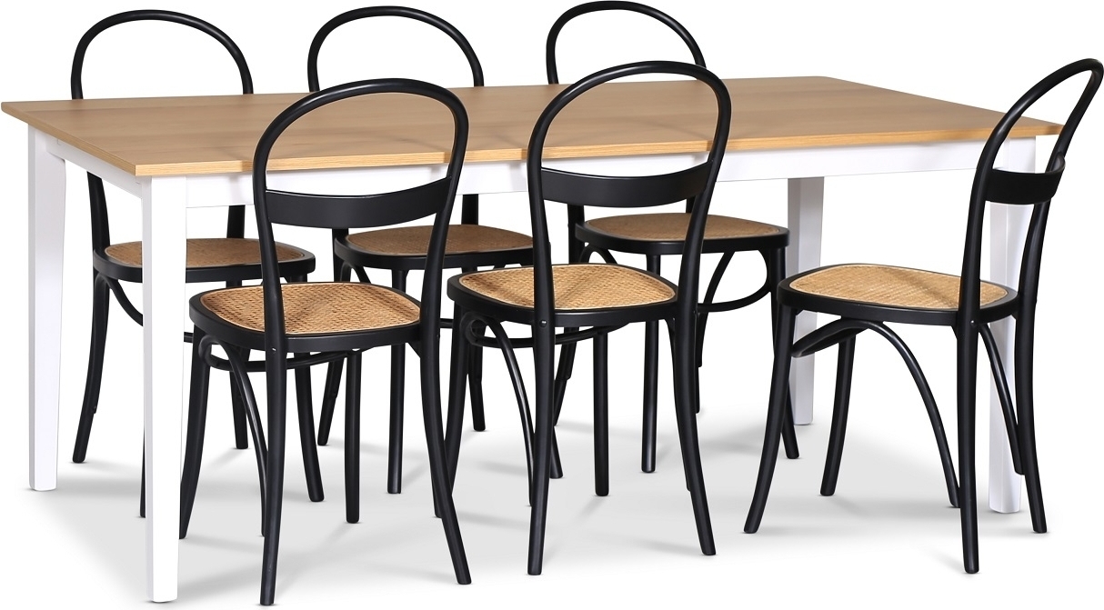 F�r� spisegruppe; spisebord 180x90 cm - Hvit / oljet eik med 6 stk Danderyd No.16 stoler Svart + 6.00 x Stolpute