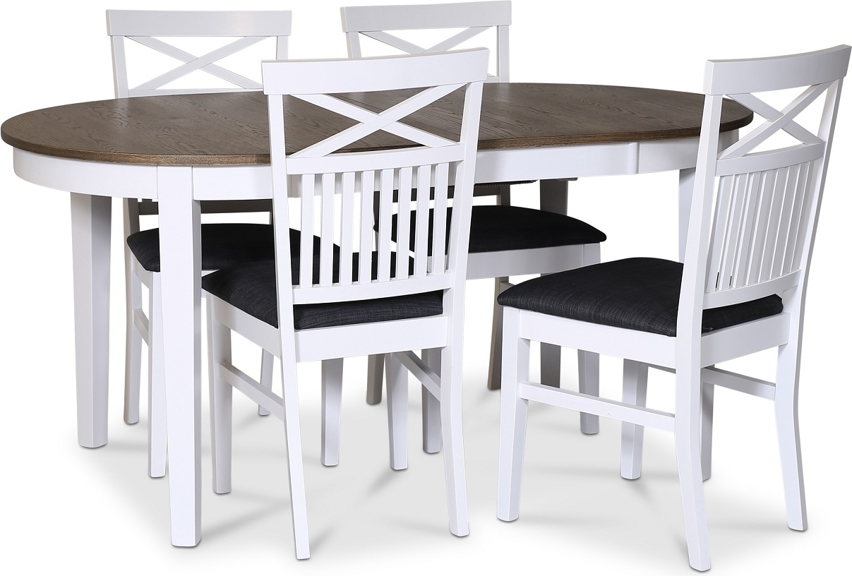 Skagen spisegruppe; spisebord 160/210x90 cm - Hvit / brunoljet eik med 4 Skagenstoler med kryss, gr�tt stoff