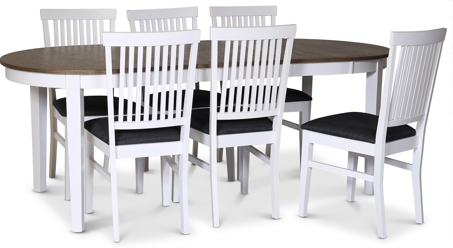 Skagen spisegruppe; spisebord 160/210x90 cm - Hvit / brunoljet eik med 6 stk F�r� stoler med gr�tt stoffsete