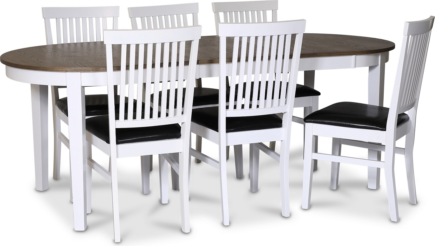 Skagen spisegruppe; spisebord 160/210x90 cm - Hvit / brunoljet eik med 6 stk Fårö stoler med svart PU-sete + 4.00 x Skagen spisegruppe; spisebord 160/210x90 cm - Hvit / brunoljet eik med 6 stk Fårö stoler med svart PU-sete + 4.00 x