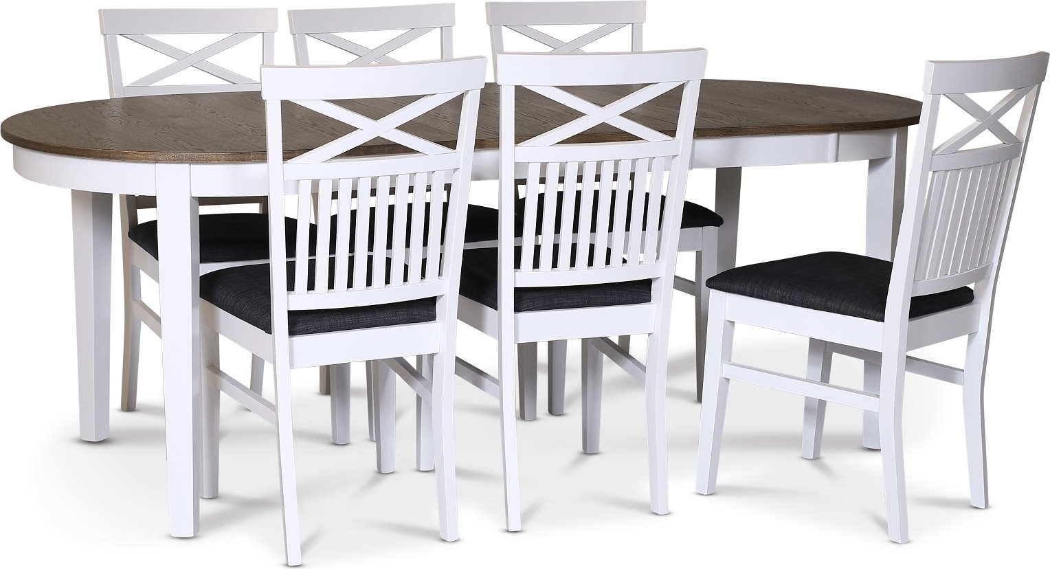 Skagen spisegruppe; spisebord 160/210x90 cm - Hvit / brunoljet eik med 6 skagenstoler med kryss i ryggen og grått stoffsete Skagen spisegruppe; spisebord 160/210x90 cm - Hvit / brunoljet eik med 6 skagenstoler med kryss i ryggen og grått stoffsete