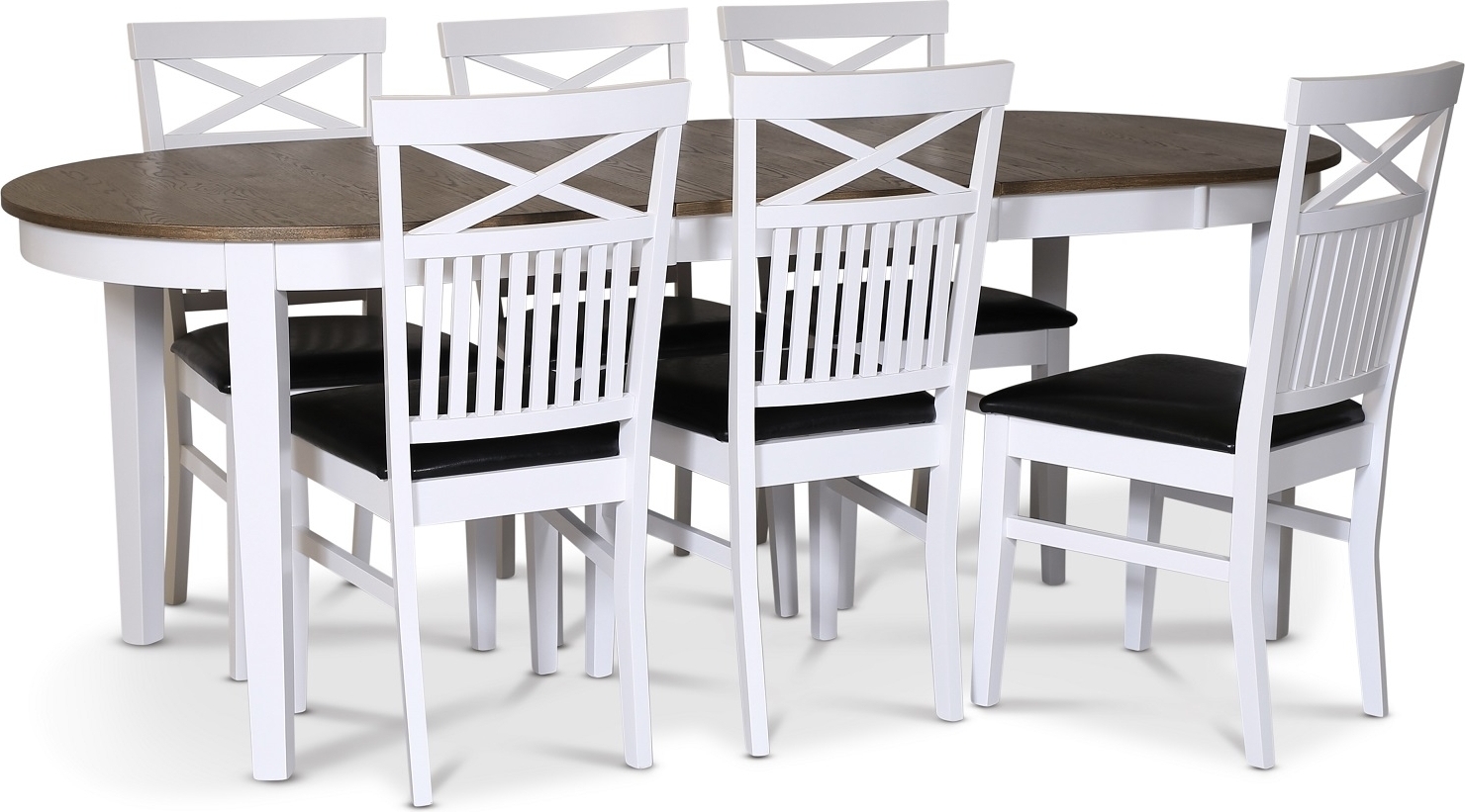 Skagen spisegruppe; spisebord 160/210x90 cm - Hvit / brunoljet eik med 6 F�r� stoler med kryss i ryggen og svart PU-sete