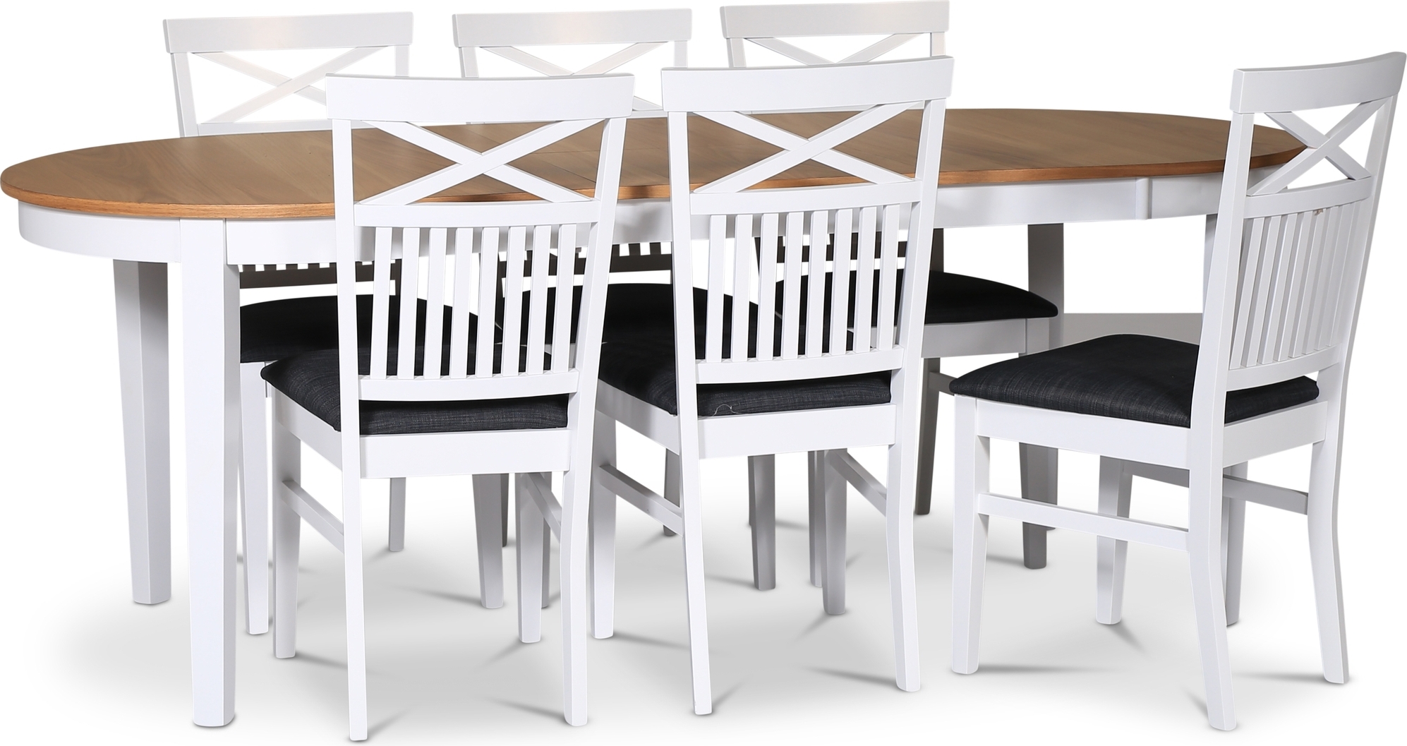 Fårö spisegruppe; spisebord 160/210x90 cm - Hvit / oljet eik med 6 skagenstoler med kryss i ryggen, grått sete Fårö spisegruppe; spisebord 160/210x90 cm - Hvit / oljet eik med 6 skagenstoler med kryss i ryggen, grått sete