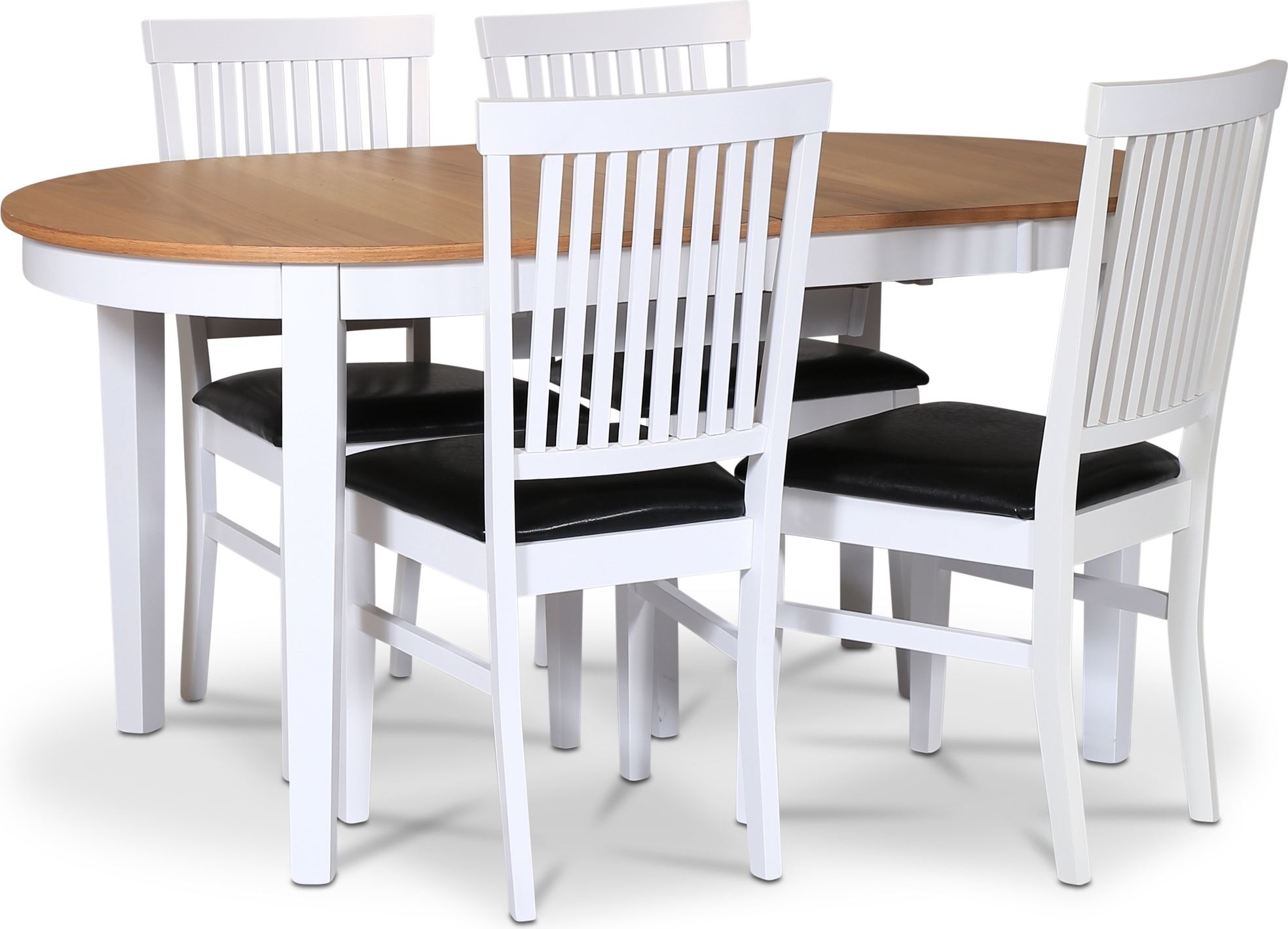 F�r� spisegruppe; spisebord 160/210x90 cm - Hvit / oljet eik med 4 stk F�r� stoler med svart PU-sete