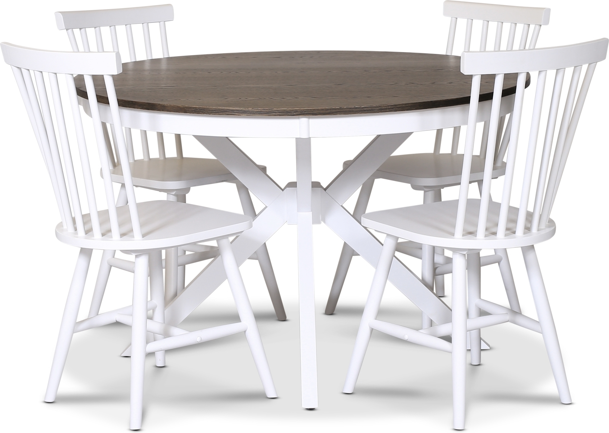 Skagen spisegruppe; rundt spisebord �120 cm - Hvit / brunoljet eik med 4 hvite Karl Pinnestoler + 3.00 x M�belf�tter