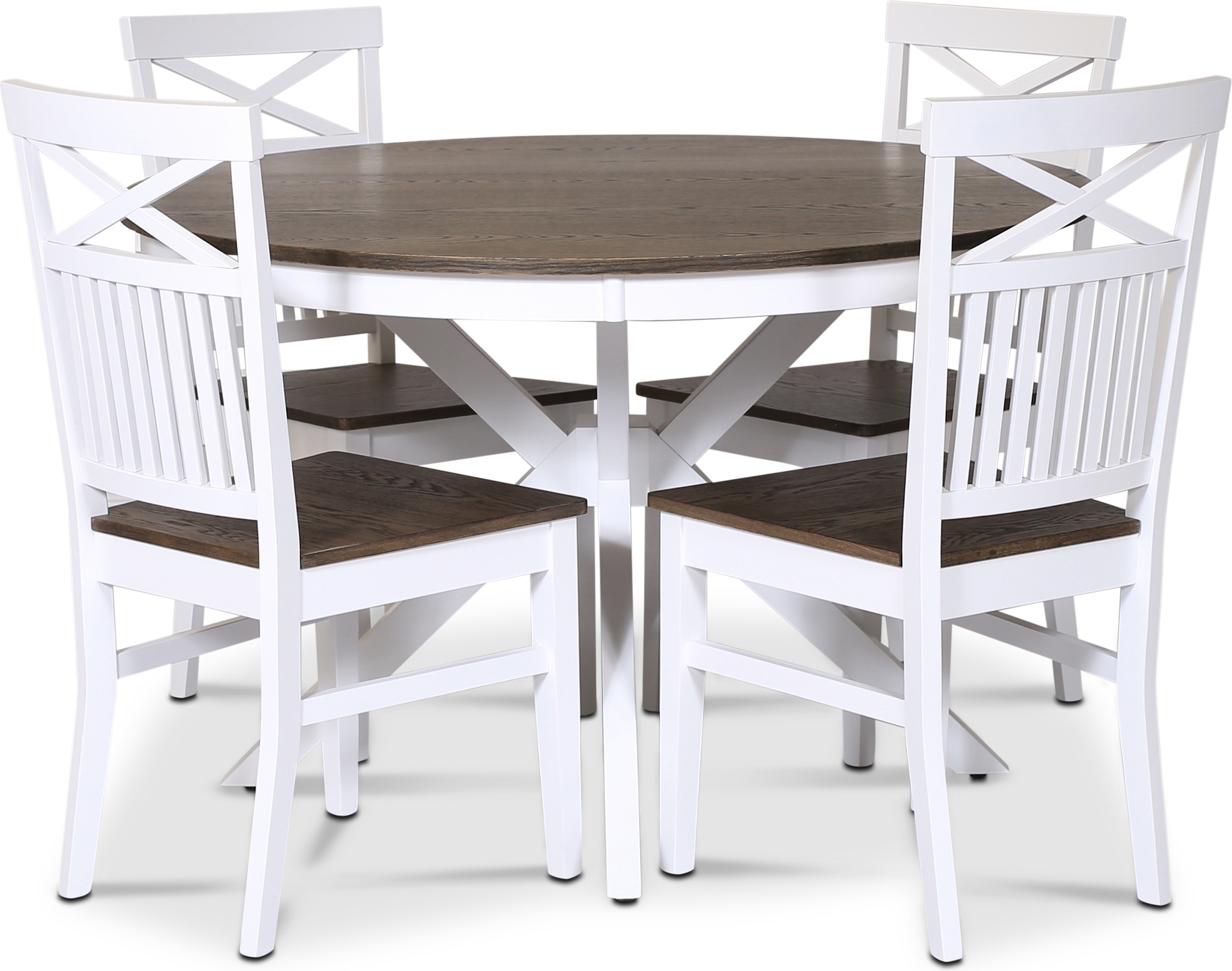 Skagen spisegruppe; rundt spisebord �120 cm - Hvit / brunoljet eik med 4 Skagenstoler (Kryss i ryggen) med brunoljet eikesete