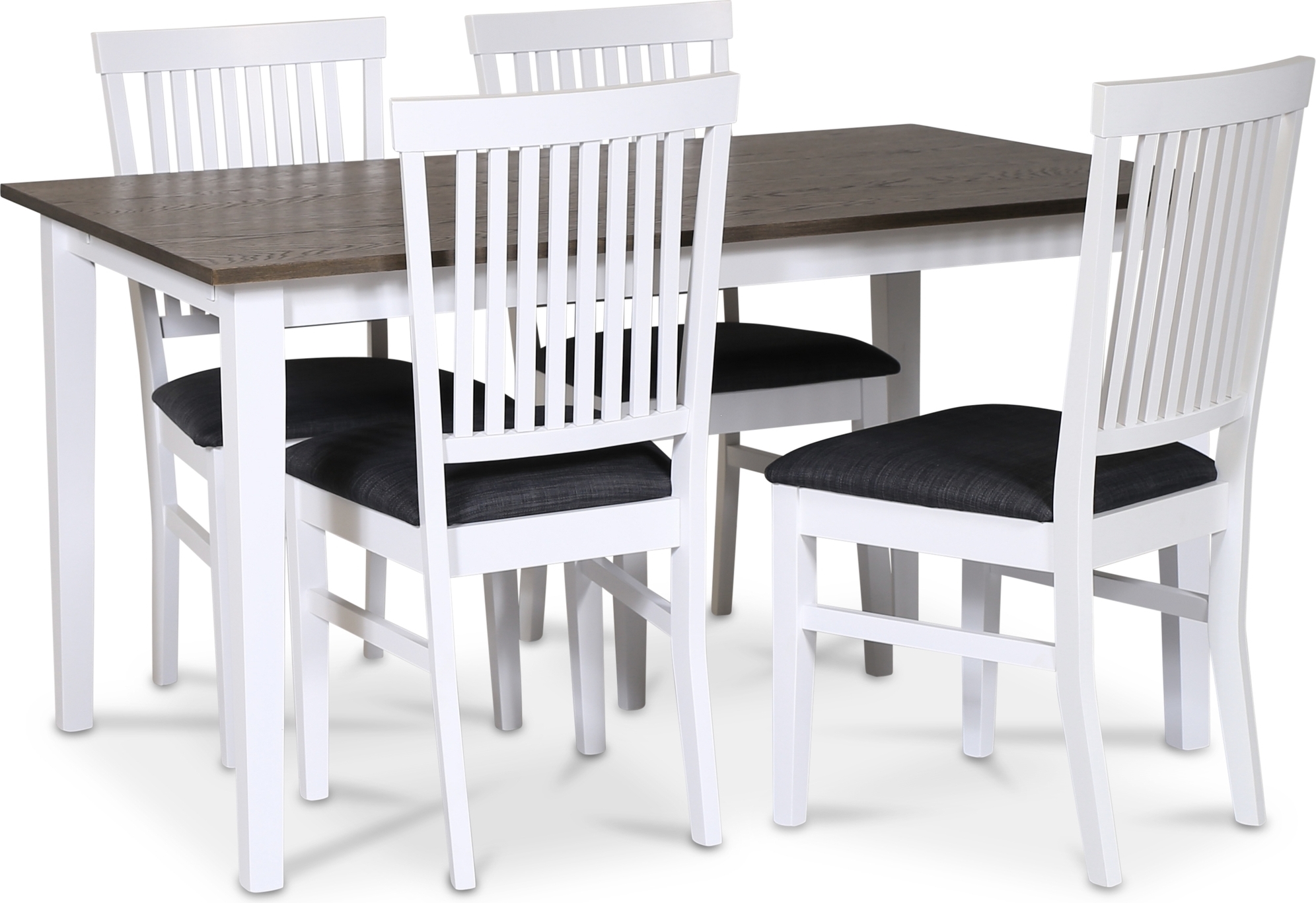 Skagen spisegruppe; klassisk spisebord 140x90 cm - Hvit / brunoljet eik med 4 Fårö stoler (Ribber i ryggen) med grått stoffsete Skagen spisegruppe; klassisk spisebord 140x90 cm - Hvit / brunoljet eik med 4 Fårö stoler (Ribber i ryggen) med grått stoffsete