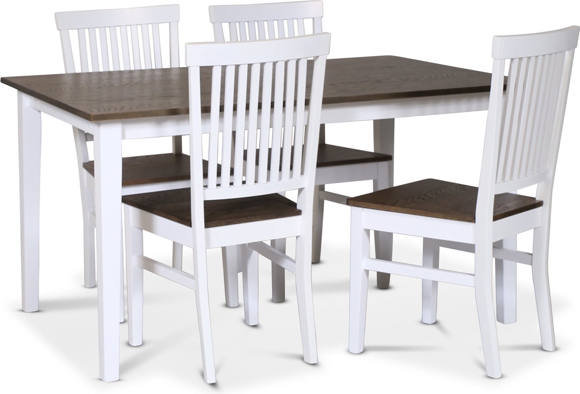 Skagen spisegruppe; klassisk spisebord 140x90 cm - Hvit / brunoljet eik med 4 skagen stoler (Ribber i ryggen) med brunoljet eike Skagen spisegruppe; klassisk spisebord 140x90 cm - Hvit / brunoljet eik med 4 skagen stoler (Ribber i ryggen) med brunoljet eike