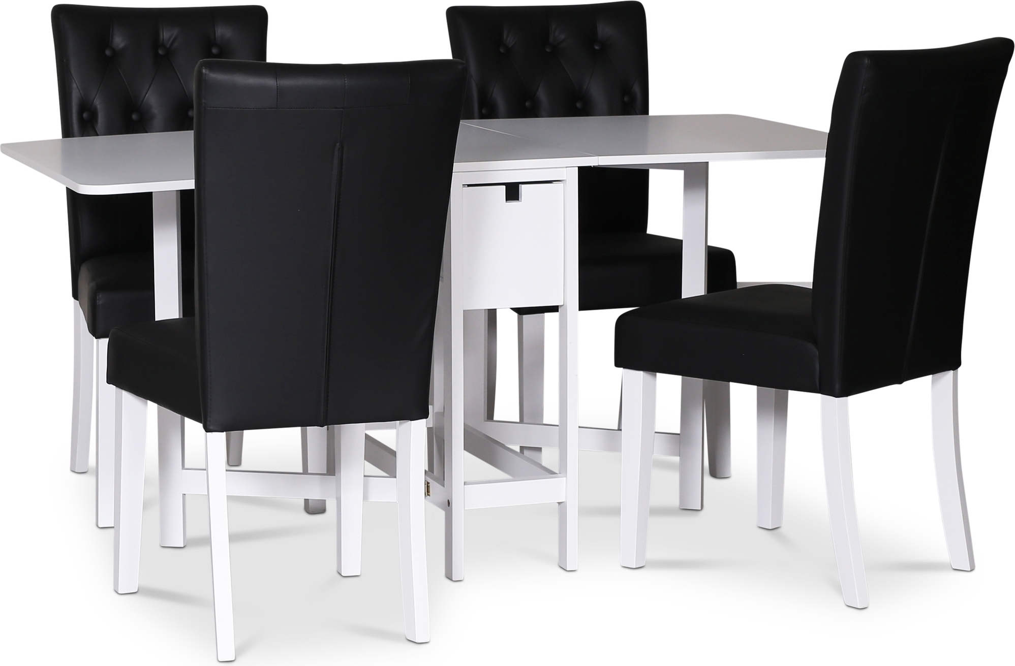 Sandhamn spisegruppe; klaffbord med 4 Crocket-stoler i svart PU