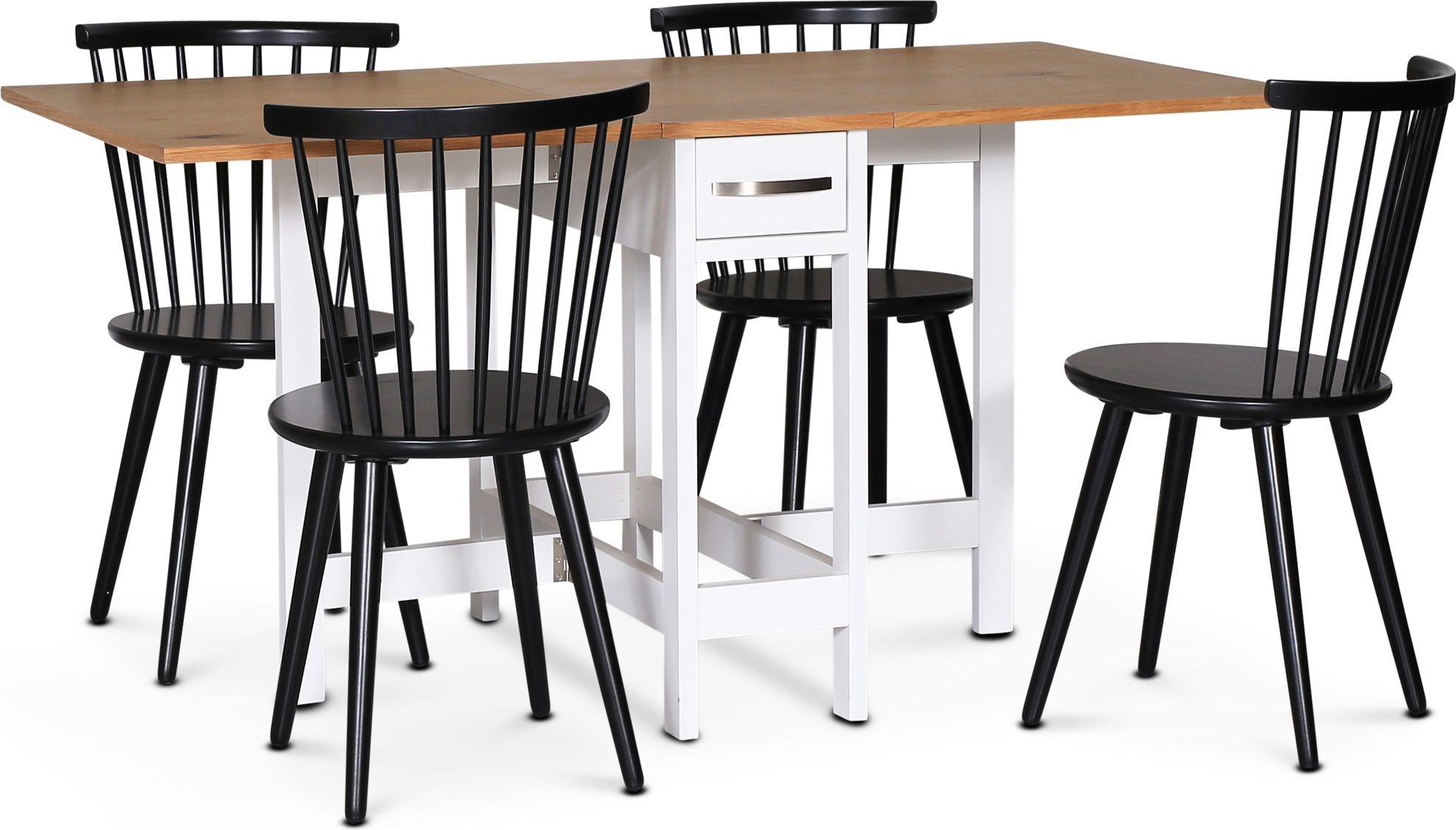 F�r� spisegruppe; klaffbord med 4 svarte Castor pinnestoler