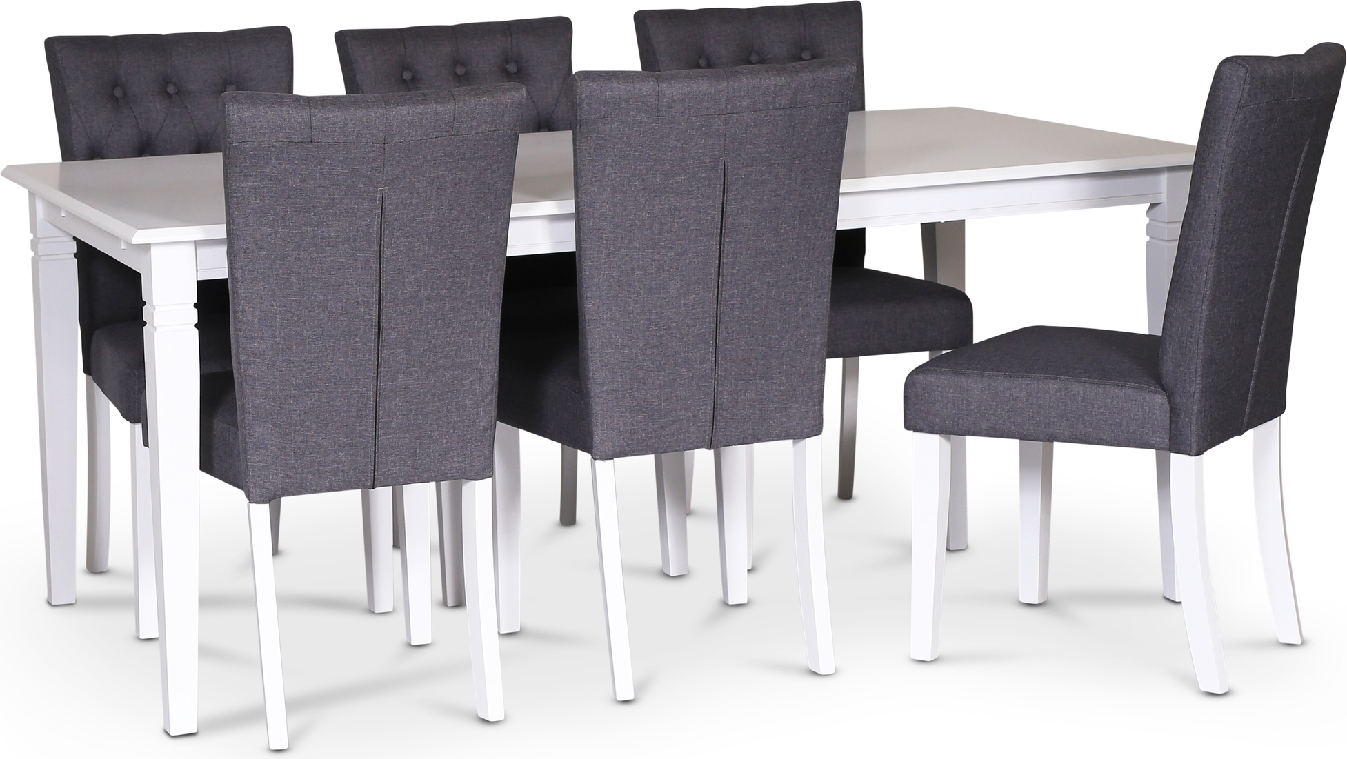 Sandhamn spisegruppe; 180x90 cm bord med 6 Crocket spisestoler i grått stoff Sandhamn spisegruppe; 180x90 cm bord med 6 Crocket spisestoler i grått stoff