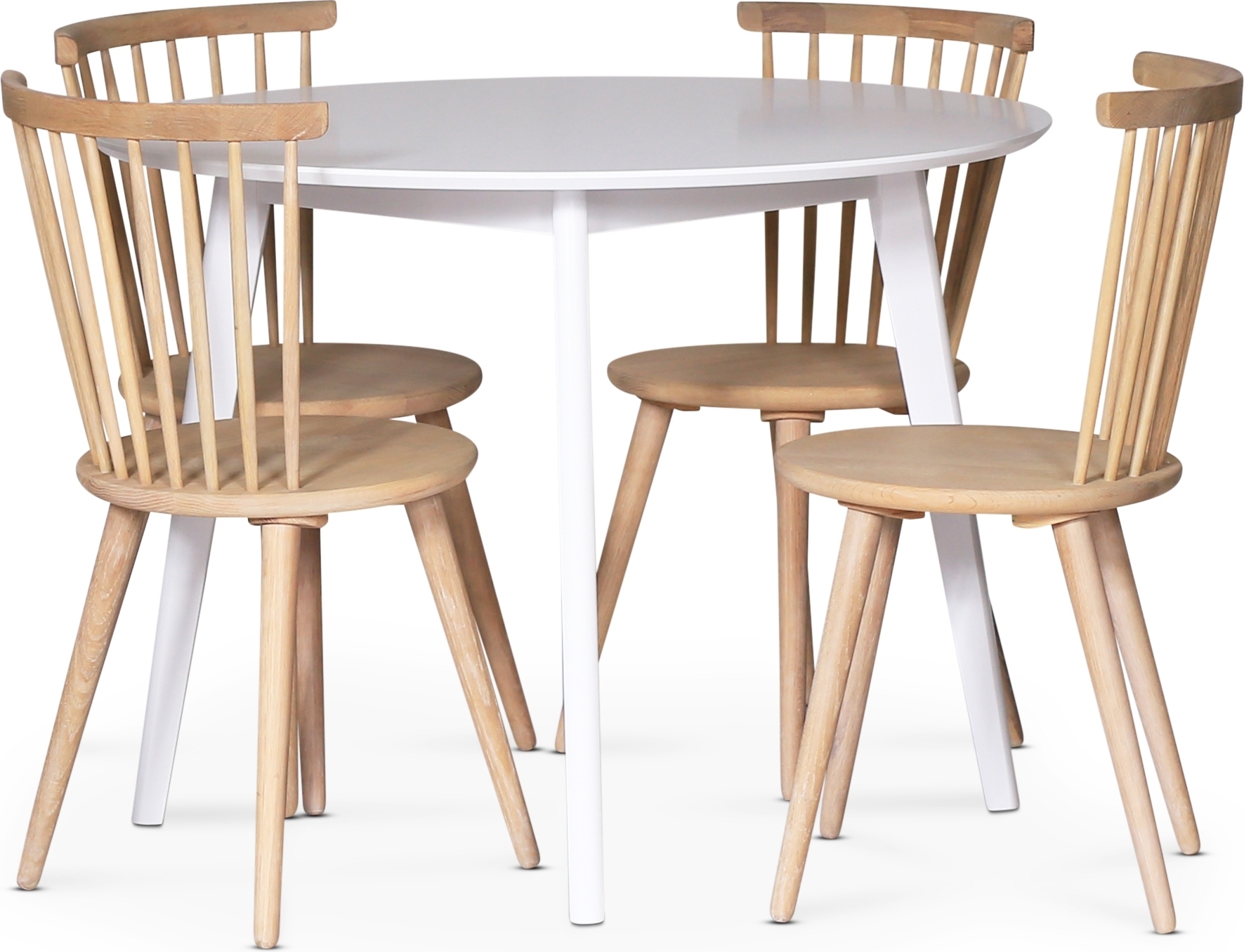 Sandhamn spisegruppe; rundt spisebord med 4 Castor spisestoler i whitewash