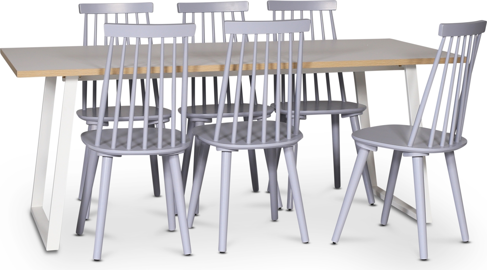 Edge dining gruppe; Spisebord i hvit HPL 190x90 cm med 6 stk grå Dalsland stokkstoler Edge dining gruppe; Spisebord i hvit HPL 190x90 cm med 6 stk grå Dalsland stokkstoler