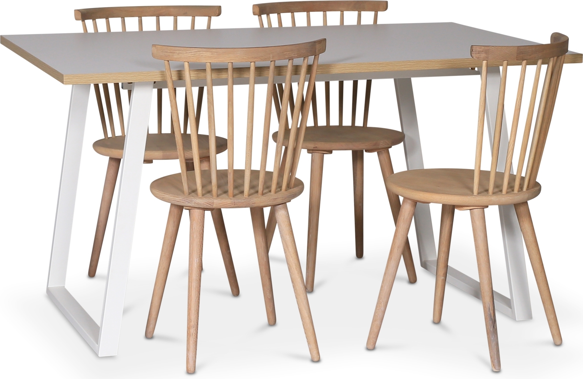 Edge spisegruppe; Spisebord i hvit HPL 140x90 cm med 4 Castor stokkstoler i hvitvask Edge spisegruppe; Spisebord i hvit HPL 140x90 cm med 4 Castor stokkstoler i hvitvask