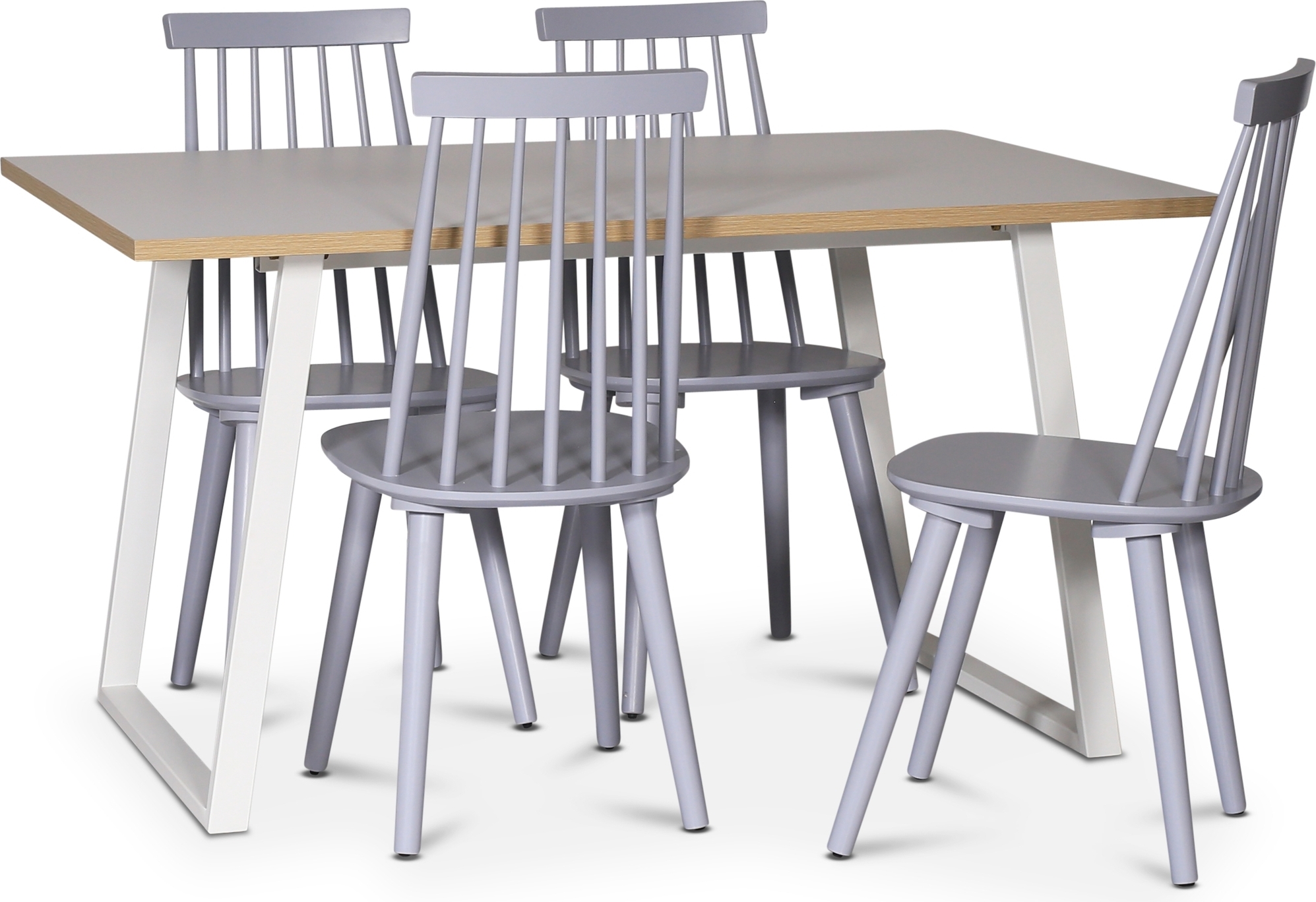 Edge spisegruppe; Spisebord i hvit HPL 140x90 cm med 4 grå Dalsland stokkstoler Edge spisegruppe; Spisebord i hvit HPL 140x90 cm med 4 grå Dalsland stokkstoler