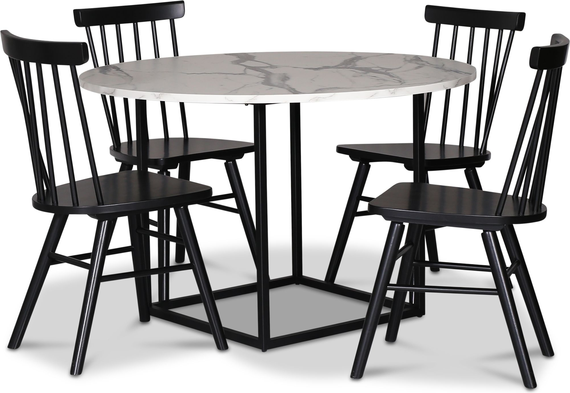 Sintorp spisegruppe, rundt spisebord �115 cm inkludert 4 stk. svarte Orust pinnestoler � hvit marmor (laminat) + 4.00 x