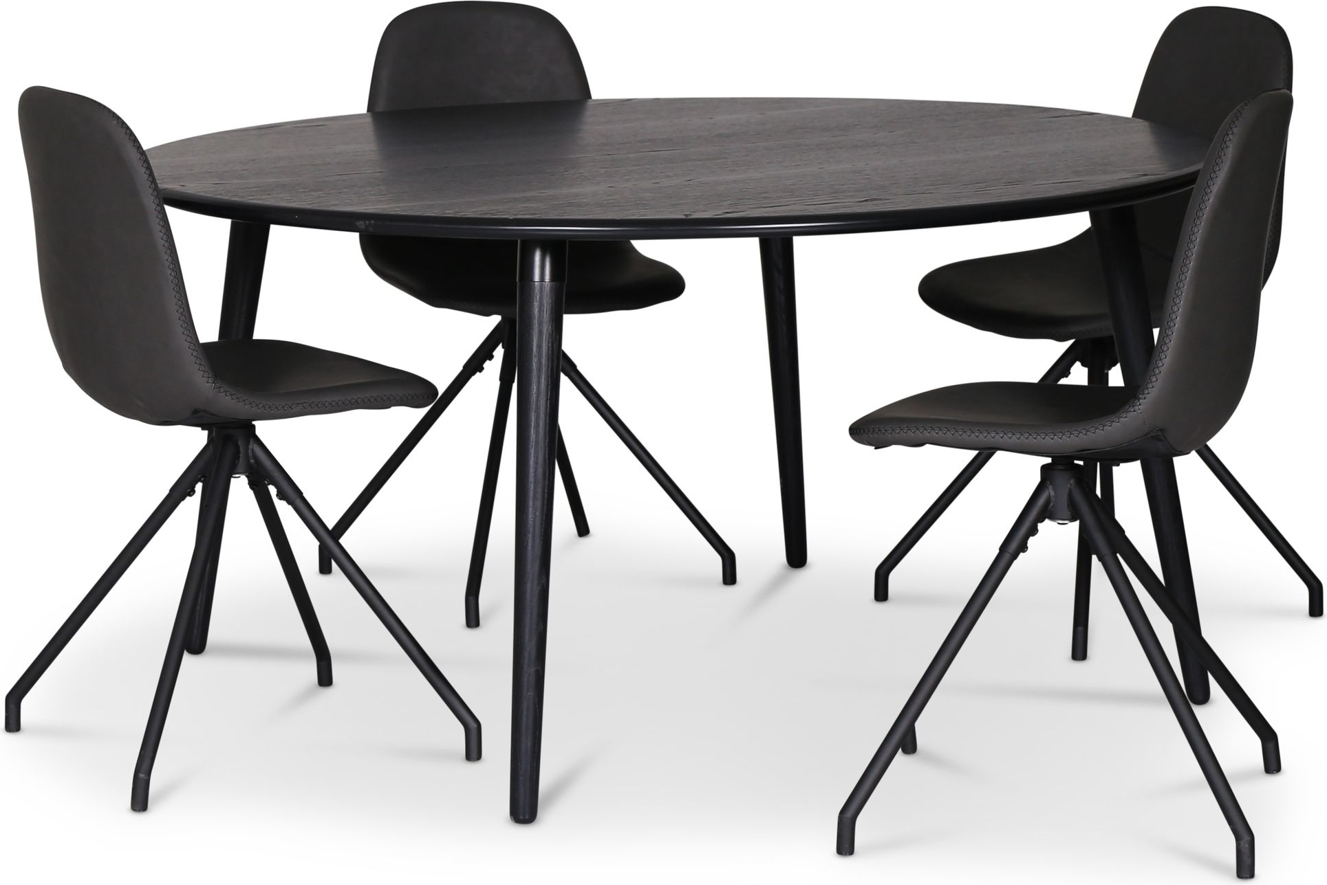 Omni spisegruppe, rundt spisebord �130 cm inkludert 4 stk. svarte Bridge svingbare stoler - Svartbeiset eik