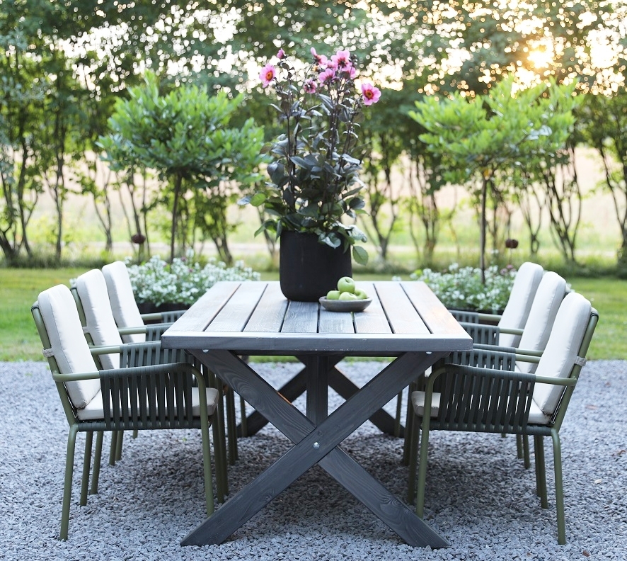 Oxford utendørs spisegruppe: grått bord 220 cm, inkludert 6 stk. Lincoln stablebare karmstoler grønn/beige Oxford utendørs spisegruppe: grått bord 220 cm, inkludert 6 stk. Lincoln stablebare karmstoler grønn/beige