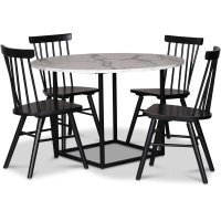 Sintorp spisegruppe, rundt spisebord Ø115 cm inkludert 4 stk. svarte Orust pinnestoler – hvit marmor (laminat)