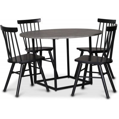 Sintorp spisegruppe, rundt spisebord Ø115 cm inkludert 4 stk. svarte Orust pinnestoler - betong (laminat) + Flekkfjerner for møbler