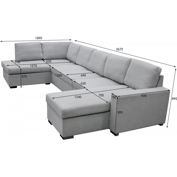 U-formet sofa med oppbevaring 367 cm gr + Tekstilrens for mbler