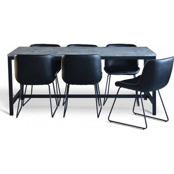 Texas spisegruppe med 6 Texas spisestoler Sort PU + Texas spisebord i betong 180x90 cm