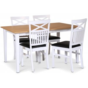 Fr spisegruppe; spisebord 140x90 cm - Hvit / oljet eik med 4 Fr spisestoler med svart PU-sete