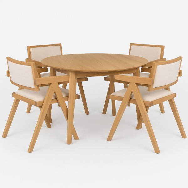 Spisegruppe Genova 110-160 cm i oljet eik med 4 Sara lenestoler i eik og lin