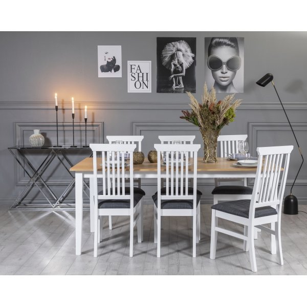 Fr spisegruppe: Bord 180 cm inkludert 6 Ms stoler - Hvit/Eik
