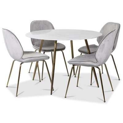 Art spisegruppe: Rundt bord marmor/Messing + 4 st Deco stoler lysegr flyel / messing