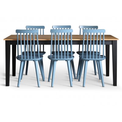 Dalsland spisegruppe: Spisebord i sort/eik med 6 duebl knaggstoler