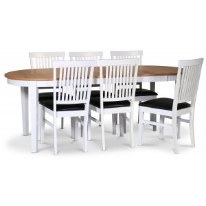 Fr spisegruppe; spisebord 160/210x90 cm - Hvit / oljet eik med 6 stk Fr stoler med sete i svart PU