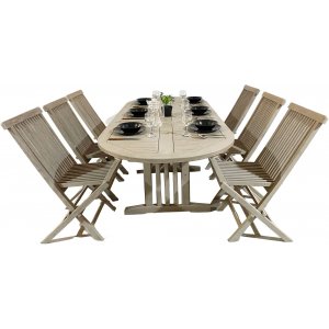 Saltö utespisegruppe. Ovalt bord på 150-210 cm med 6 spisestoler - Grå teak + Treolje til møbler Saltö utespisegruppe. Ovalt bord på 150-210 cm med 6 spisestoler - Grå teak + Treolje til møbler