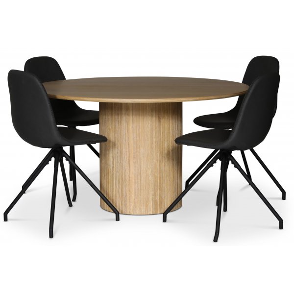 spisegruppe i Nordansjen; rundt spisebord 130 cm + 4 stk Bridge spisestoler, svart PU