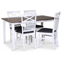 Skagen spisegruppe; klassisk spisebord 140x90 cm - Hvit / brunoljet eik med 4 Skagenstoler (Kryss i ryggen) med grått stoffsete Skagen spisegruppe; klassisk spisebord 140x90 cm - Hvit / brunoljet eik med 4 Skagenstoler (Kryss i ryggen) med grått stoffsete