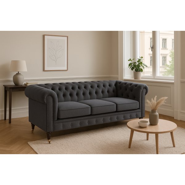 Chesterfield-sofa Cambridge Deluxe 3-seter - 225 cm - Mrkegr flyel