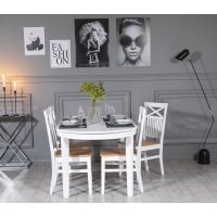 Gåsö spisegruppe: Bord 160/210 cm inkludert 4 Fårö stoler med kryss - Eik/hvit Gåsö spisegruppe: Bord 160/210 cm inkludert 4 Fårö stoler med kryss - Eik/hvit