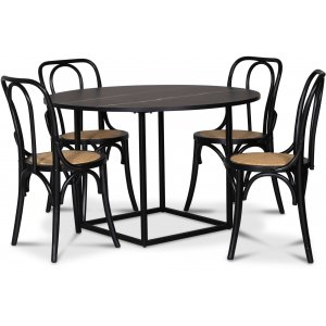 Sintorp spisegruppe, rundt spisebord 115 cm inkludert 4 stk. Samset stoler i byd tre - svart marmor (laminat)
