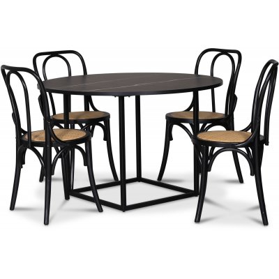 Sintorp spisegruppe, rundt spisebord Ø115 cm inkludert 4 stk. Samset stoler i bøyd tre - svart marmor (laminat) + Møbelpleiesett for tekstiler